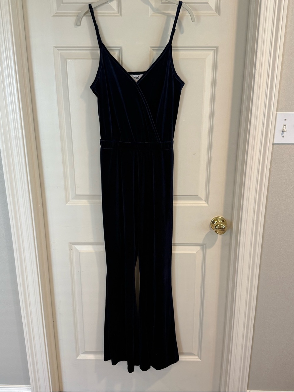 BB Dakota Navy Velvet Wrap-Front Jumpsuit with Spaghetti Straps